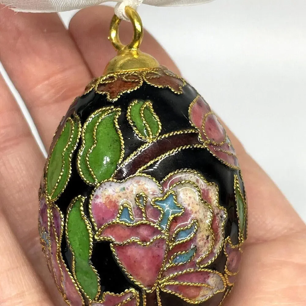 Pink Black Gold Floral Cloisonne‎ EGG Ornament Vintage